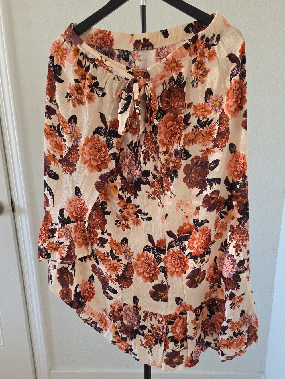 Peach Floral High-Low Skirt with Ruffle Hem
